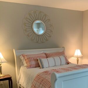 Gold Floral Metal Frame Wall Mirror with White Wood Rim